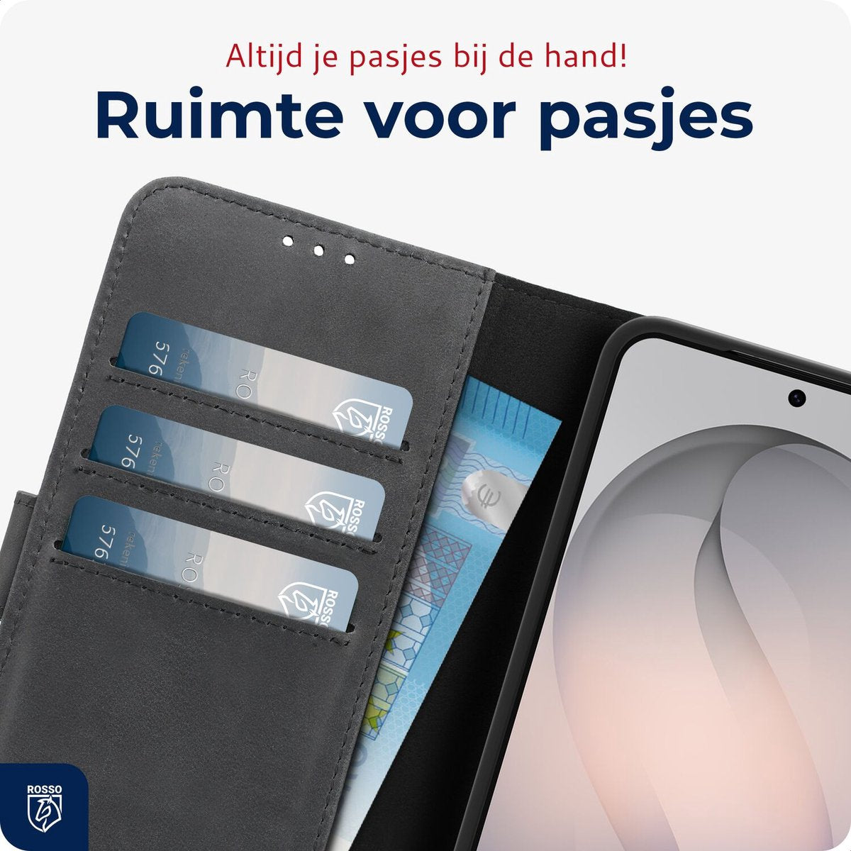 Rosso Deluxe Echt Leer Hoesje Geschikt voor Samsung Galaxy S26 Ultra | Ruimte voor drie pasjes | Portemonnee Book Case | Met Pasjeshouder | Zwart - afbeelding 5