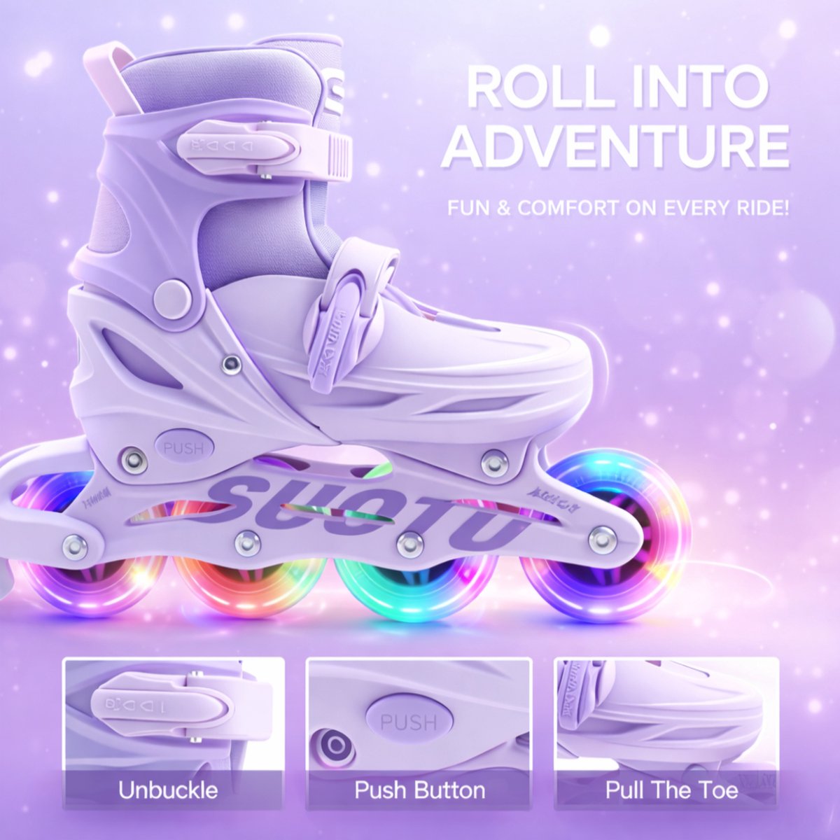 Suotu Skeelers - Inlineskates Verstelbaar - Lijn: S78 - Skeelers meisjes en jongens - Maat: EUR 32-36 - lichtgevende wielen - Paars - M - afbeelding 5