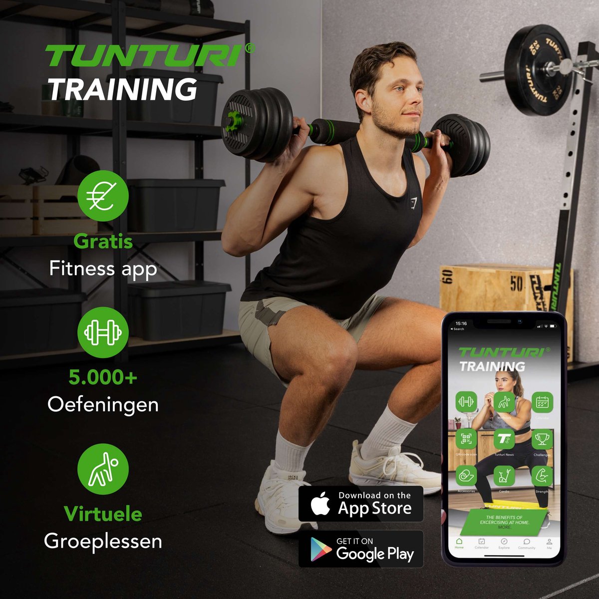 Tunturi Halterset en Dumbbells Vinyl 28 kg - Gewichten Set met Kettlebell en Barbell - Opdruksteunen - afbeelding 3