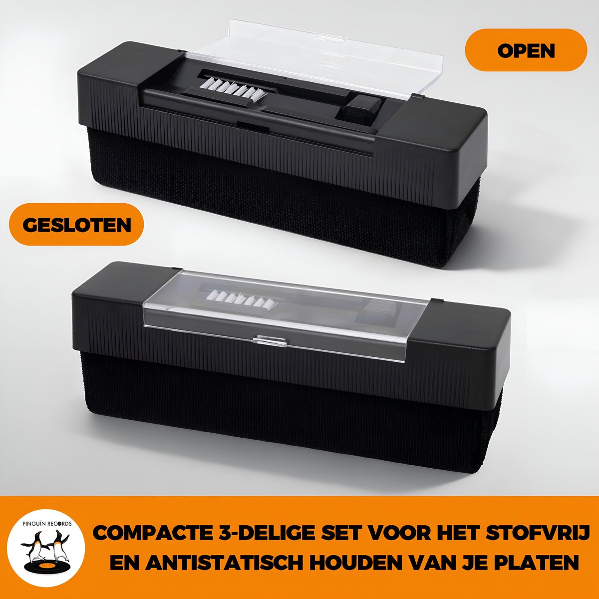 Pinguïn Records VinylCare ProBrush - Hoogwaardige platenborstel – Complete 3-delige set – Inclusief naald- en schoonmaakborstel - Antistatische platenborstel – LP borstel – Platenreiniger voor vinyl - afbeelding 2