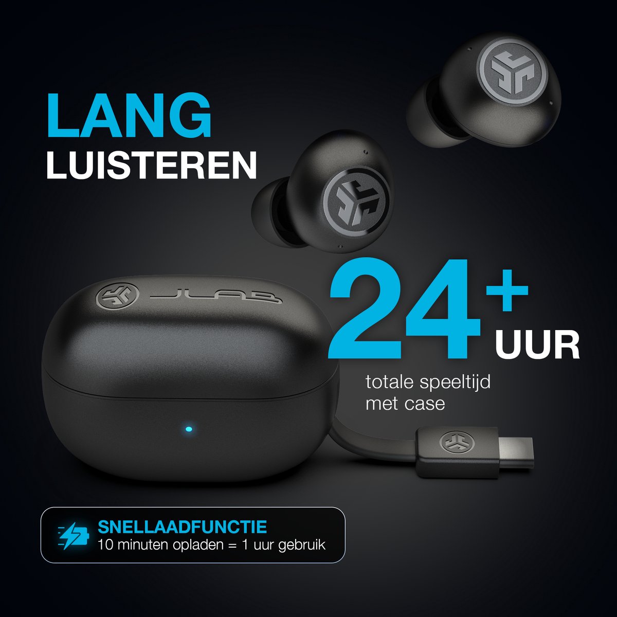 JLab Go Pop ANC Draadloze Oordopjes - Noise Cancelling Oortjes Draadloos - 24 uur Batterijduur - Bluetooth Multipoint - Met Microfoon - Geschikt voor Android en Apple - Zwart - afbeelding 3