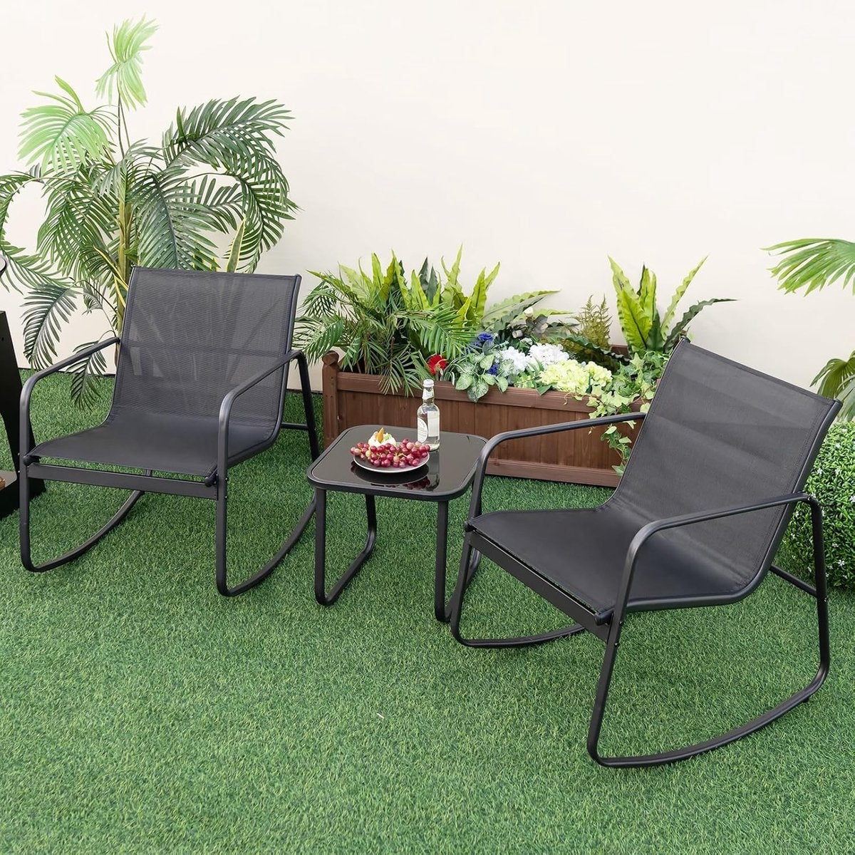 COSTWAY 3-delige tuinmeubelset, balkonset met 2 stoelen en tafel, balkonmeubels met zachte schommelbeweging, terras - afbeelding 5