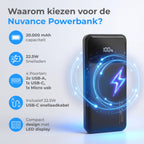 Nuvance Powerbank 20000 mAh - 22.5W Snellader - Usb, Usb-C & Micro Usb - Universeel - Incl. 22.5W Snellaadkabel - Gadgets - Reis Powerbanks - afbeelding 2