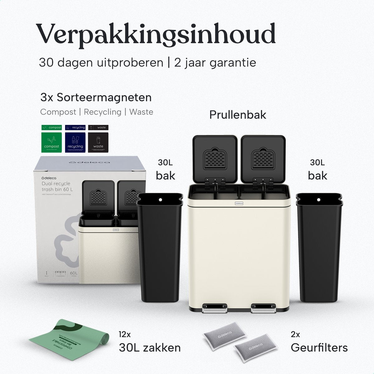 Deleca Recycle Prullenbak met 2 Vakken - 60 Liter (2x30) Afvalbak - Afvalscheiding / Statiegeld container / Pedaalemmer - Vuilnisbak met FreshAura Geurbestrijding - Slow Close - RVS Mat Soft Beige - afbeelding 3