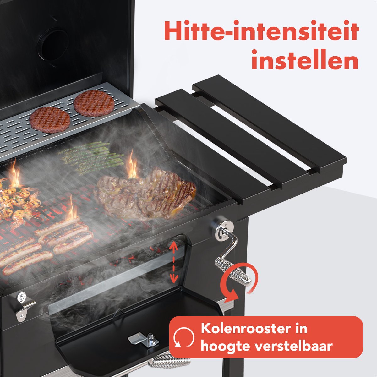 KitchenBrothers Houtskool BBQ - Smoker Barbecue - Verstelbaar Kolenrooster - PFAS Vrij - 42x57cm Grilloppervlak - Zijpanelen - Zwart - afbeelding 5