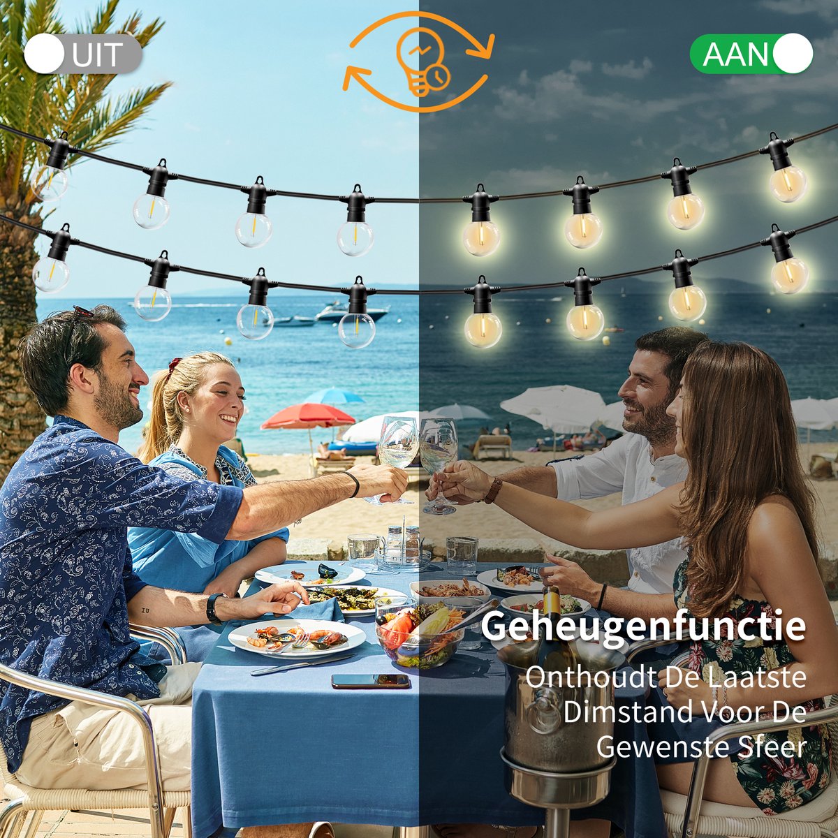 EverNeeds G50 Lichtsnoer Buiten - Prikkabel 12m - 25 LED - IP65 - Met Dimfunctie - Lichtslinger - Sfeerverlichting Buiten en Binnen - Warm Wit 2700K - 3 Extra LED’s - afbeelding 5