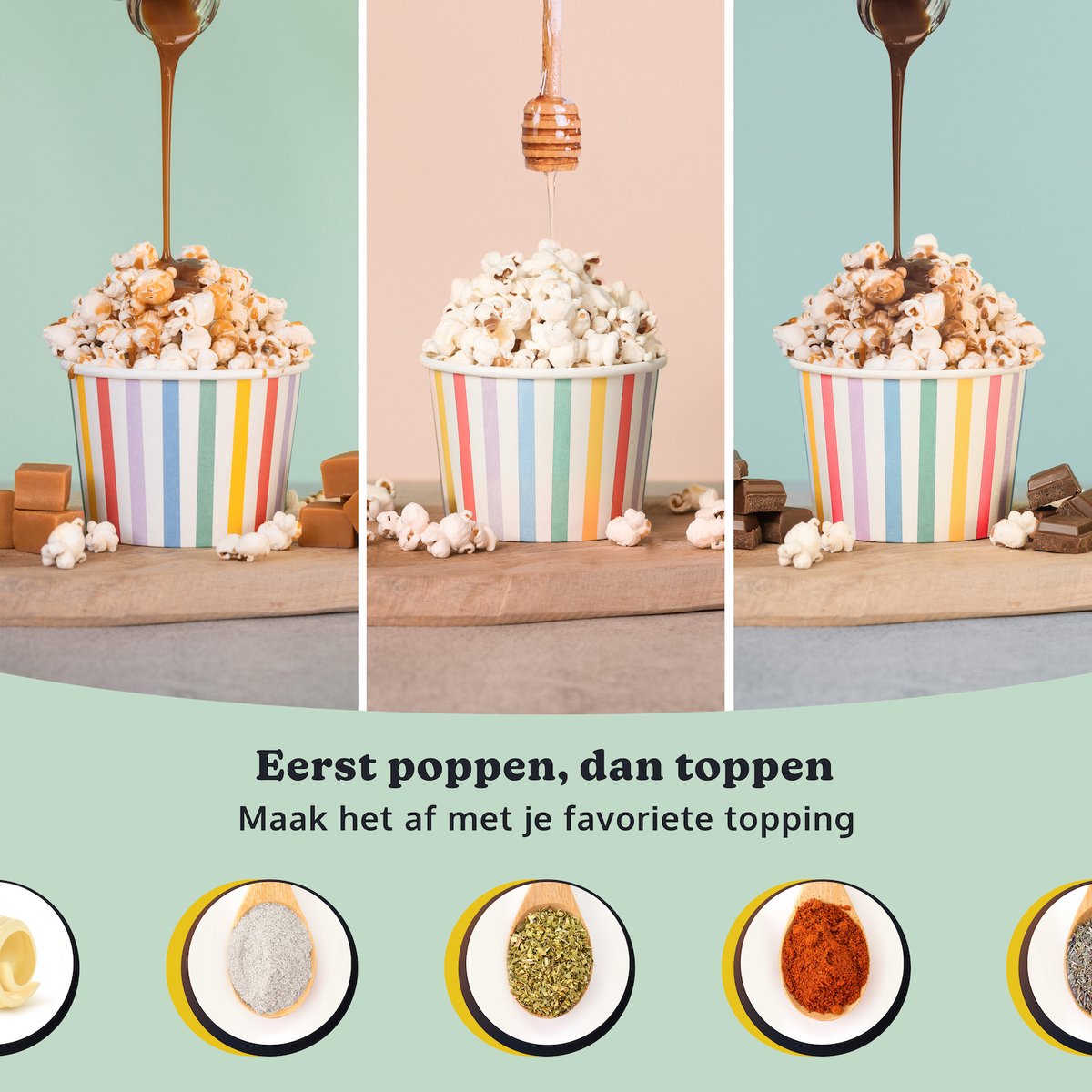 JAP Appliances Happy Pops - Retro popcorn machine (2-3 personen) 1200W - Inclusief maat- en botersmeltlepel - Klaar binnen 3 minuten - Zonder olie - Groen - afbeelding 4