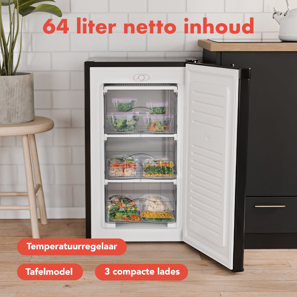 KitchenBrothers Vriezer - 64L - Diepvriezer - Compact Tafelmodel - 3 Vrieslades - Diepvrieskast - Vrijstaand - Zwart - afbeelding 4