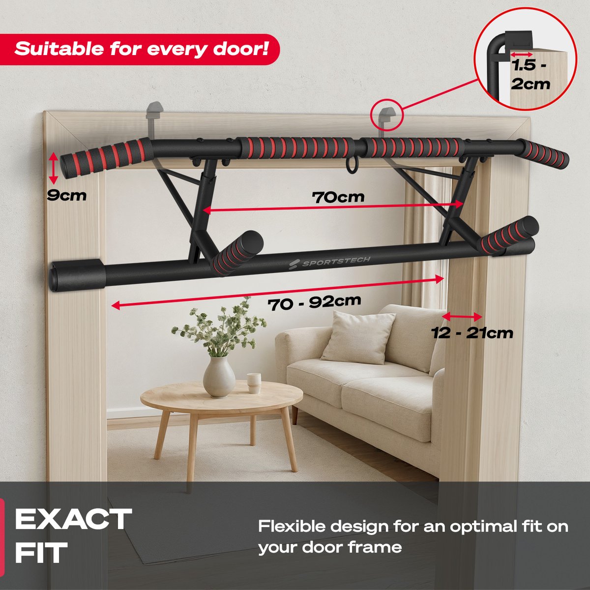 Sportstech optrekstang Pullmate - zonder boren - 200 kg - 3 grepen - TRX-oog - afbeelding 4