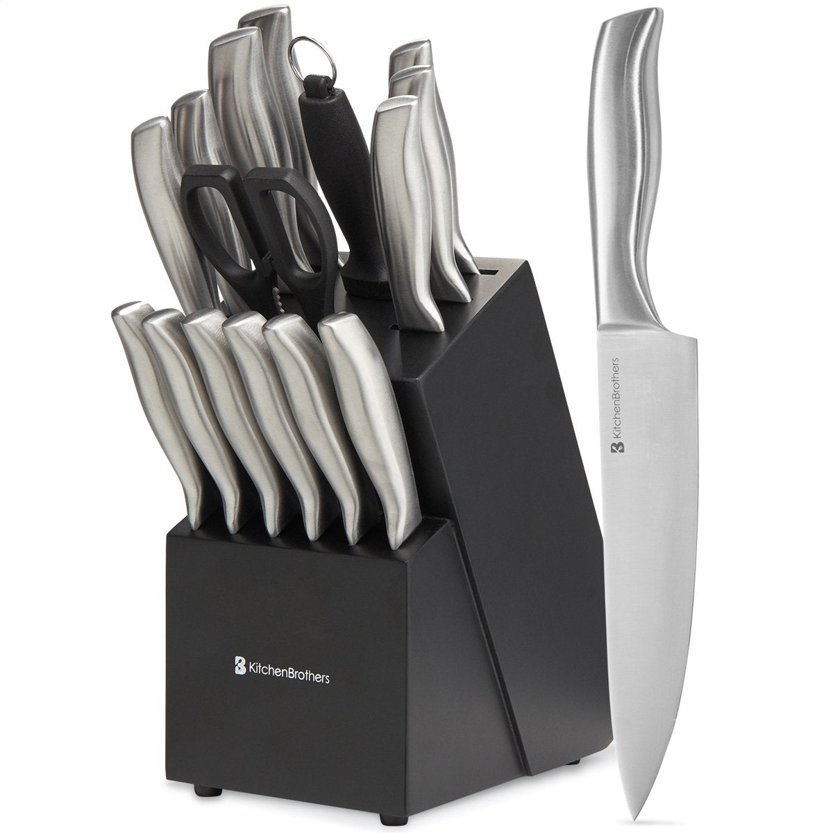 KitchenBrothers Messenset - Messenblok met Messen - Keukenmessen - 16-Delig - met Schaar en Aanzetstaal - Zilver/ RVS - afbeelding 1