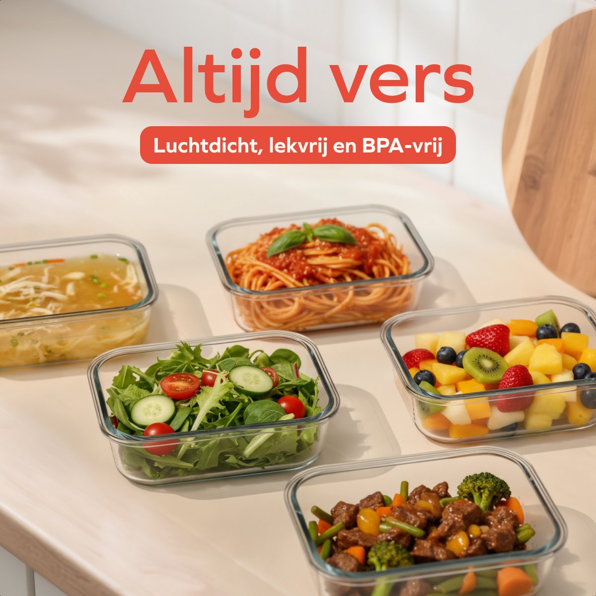 KitchenBrothers Meal Prep Bakjes - Glazen Vershoudbakjes - Luchtdicht - BPA-vrij- 1L - Glas - 5 Stuks - afbeelding 3