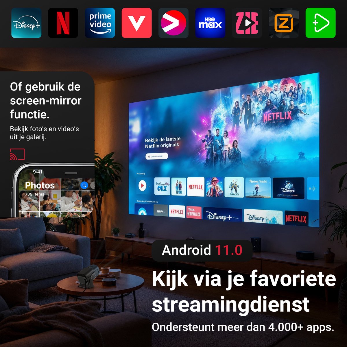 Mini Beamer - Mini Projector - 1920x1080P Full HD - 4K Ondersteuning - 430 Ansi - 12000 Lumen - Streamen Vanaf Je Telefoon / Tablet / PC / Laptop met WiFi & Bluetooth - Met Apps,YouTube / Netflix/ Prime - afbeelding 5
