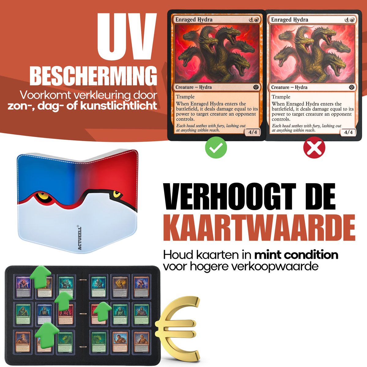 Actueell® A4 Verzamelmap 1080 Kaarten – Binder map voor kaarten - 9 Pocket - Card Binder met Ritssluiting - 60 Pagina's – Inclusief 30 Toploaders niet mapgeschikt – Premium Leer - afbeelding 3