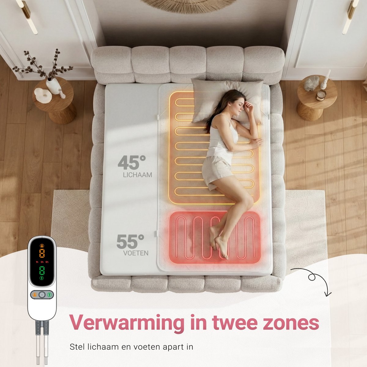 Eenpersoons elektrische onderdeken met aparte voetzone - 190x90 cm - Anti allergie - Antibacterieel - 6 warmtestanden - Voetwarmte - Warmtedeken - Fleece - STAUS&BACH DualZone - Wit - afbeelding 3