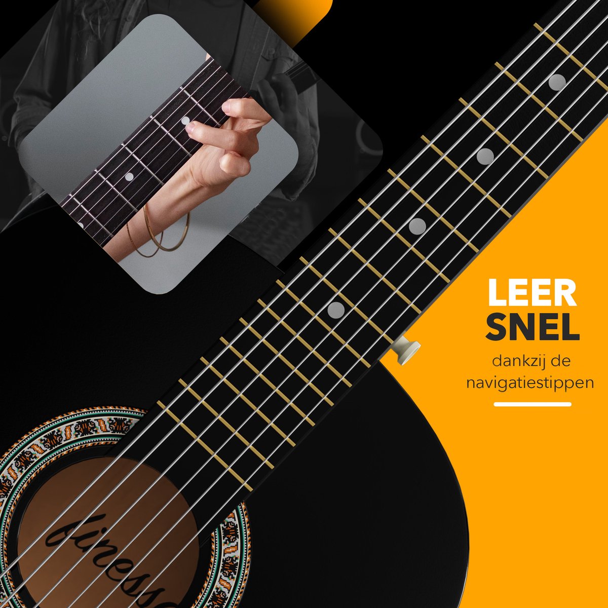 Finesse Akoestische Gitaar - met Videocursus - Nylon Snaren - Klassieke Gitaar - Spaanse Gitaar - Kind - Volwassenen - Zwart - afbeelding 4