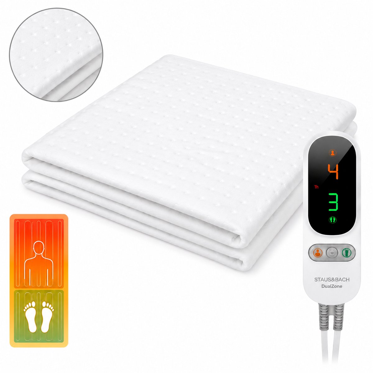 Eenpersoons elektrische onderdeken met aparte voetzone - 190x90 cm - Anti allergie - Antibacterieel - 6 warmtestanden - Voetwarmte - Warmtedeken - Fleece - STAUS&BACH DualZone - Wit - afbeelding 1