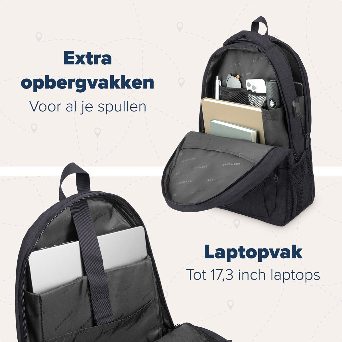 TRVLMORE 36L Rugzak - Rugtas met 17,3 Inch Laptopvak - Schooltas - Laptoptas - Spatwaterdicht - Heren en Dames - Jongens en Meisjes - Zwart - afbeelding 5
