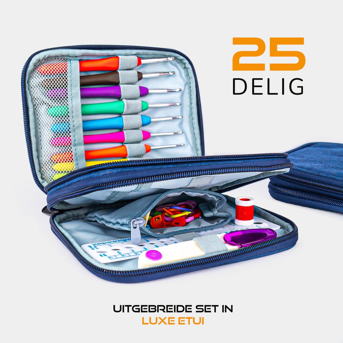 QY luxe Softgrip haaknaaldenset 25-delig met haak& brei accessoires in luxe etui - blauw - afbeelding 4
