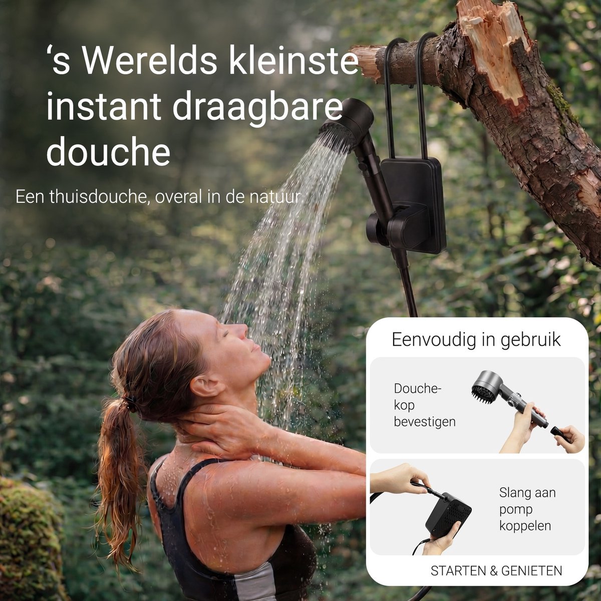 Oplaadbare Camping douche met 2 waterfilters - 24x douchebeurten - 3 Standen (Mist, Normaal, Vol) - Buitendouche voor kamperen, honden, auto, fiets en camper - Draagbare - FLOAT Oasis - afbeelding 5