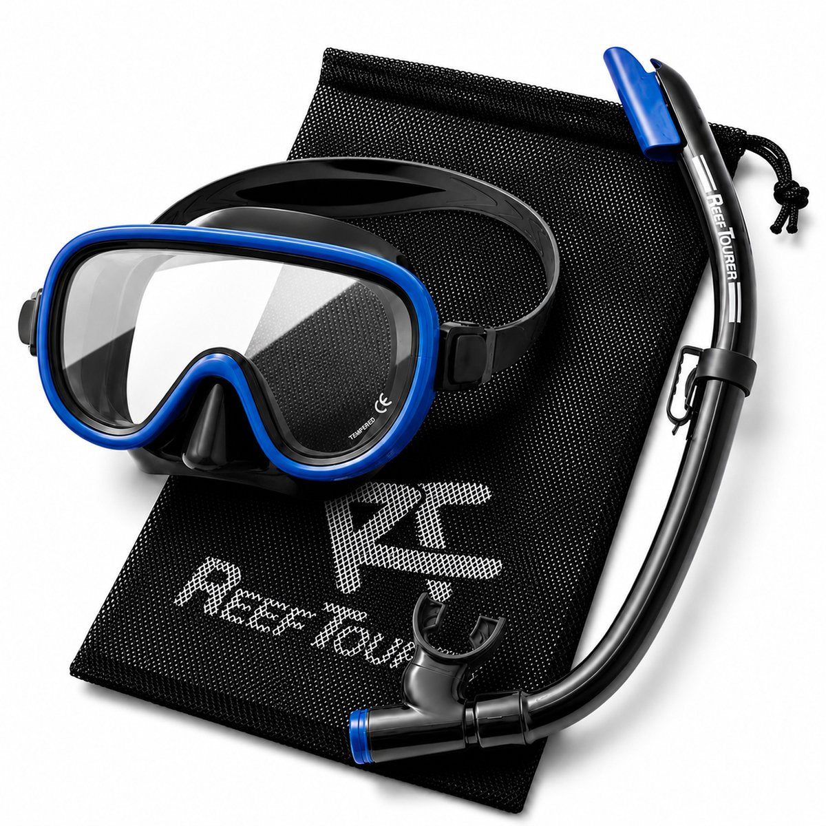 ReefTourer Snorkelset – Premium duikbril met snorkel, hypoallergene siliconen snorkelmasker één venster – Zwart/Blauw – RC-0105-BK/MB - afbeelding 1