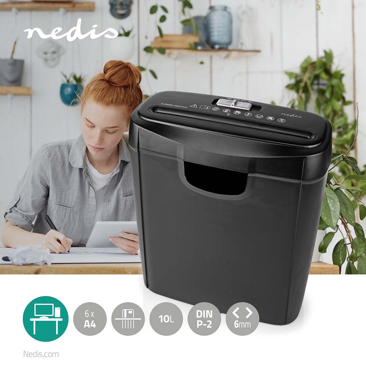 Nedis Papierversnipperaar - 6x A4 vellen - 10L - Voor thuis / kantoor - Stroken P2 - Zwart - afbeelding 5