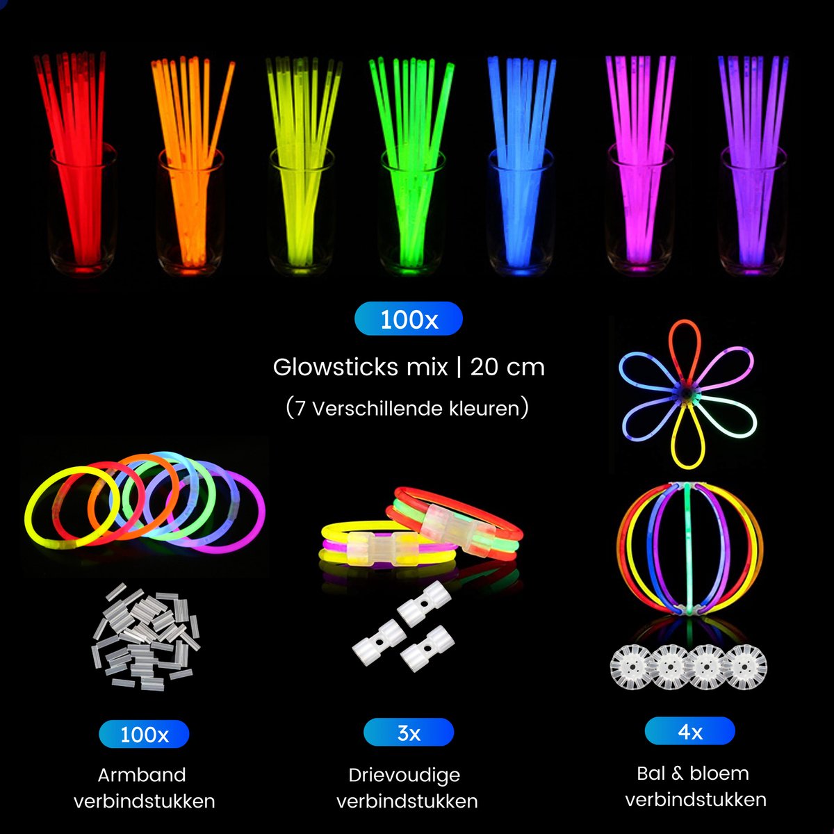 Partizzle 100 stuks Glow in the Dark Sticks met Connectors - Glowsticks - Neon / Carnaval / Kerst / Oud en nieuw Party Artikelen Breekstaafjes - Verjaardag Feest Versiering / Decoratie - 7 Kleuren - afbeelding 2