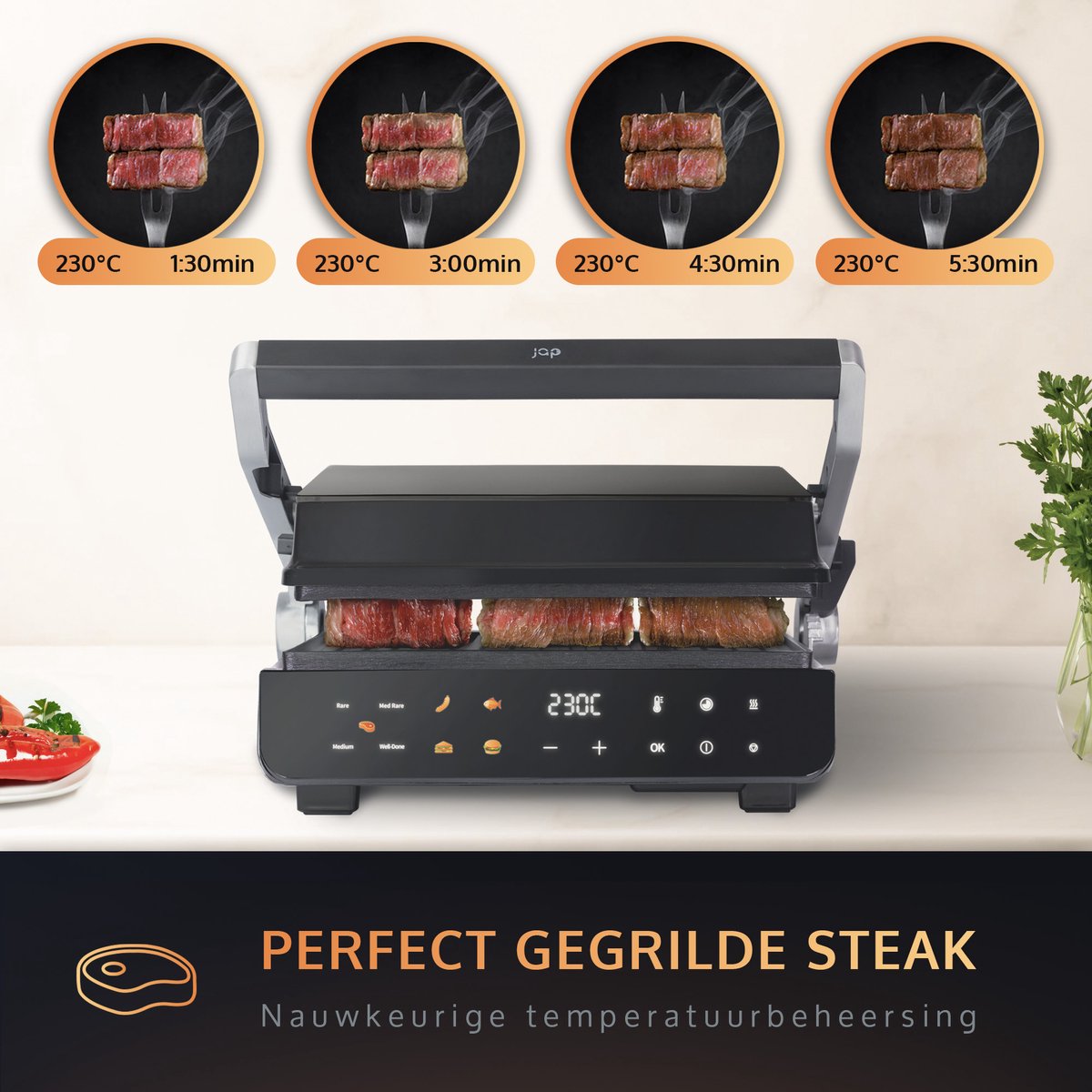 PFAS-Vrije Contactgrill met Zwevende Bovenplaat - Uitneembare platen - 180ºC Uitklapbaar - Grill apparaat 2000W - Tosti en Panini - 120ºC tot 230ºC - JAP Appliances Integrill - afbeelding 4