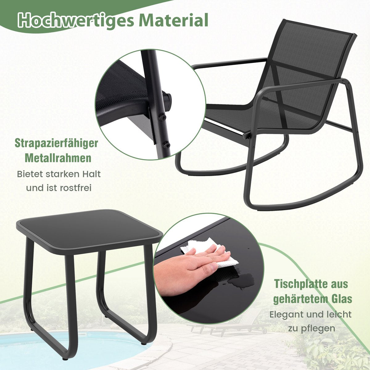COSTWAY 3-delige tuinmeubelset, balkonset met 2 stoelen en tafel, balkonmeubels met zachte schommelbeweging, terras - afbeelding 3