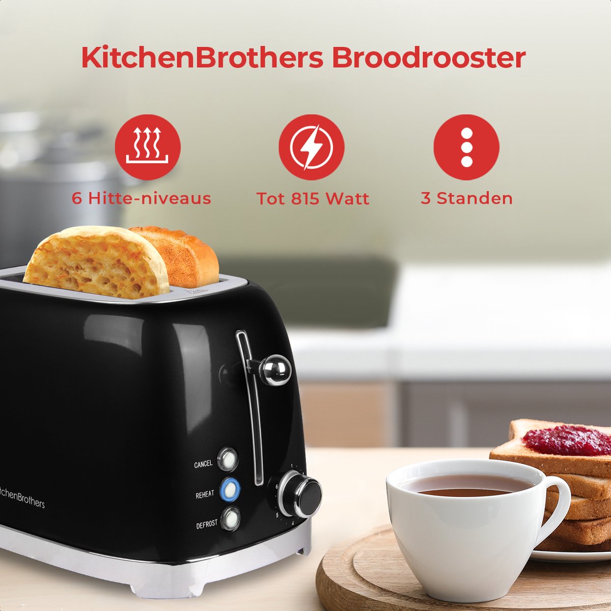KitchenBrothers Retro Broodrooster - Toaster - 6 Warmteniveaus - 2 Extra Brede Sleuven - BPA-vrij - 815W - Zwart - afbeelding 2
