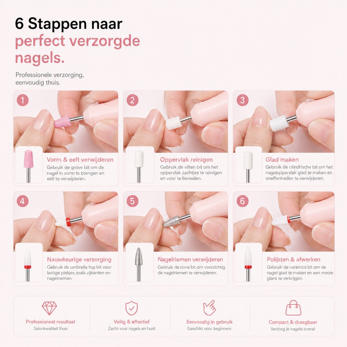 BOTC Elektrische Nagelvijl met Oplaadstation - Nagelfrees - Draadloos en Oplaadbaar - Nagelvijl - Manicure & Pedicure set - Roze - afbeelding 5