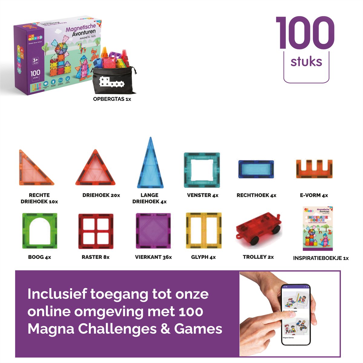 By Baboo® Magnetic Tiles 100 stuks + Bouwclub toegang - Magnetische Tegels Speelgoed Blokken - Magna Magnetisch Cadeau Jongens Meisjes Constructie - Montessori Mind Educatief Kinderspeelgoed 3 Jaar, 4 jaar, 5 jaar, 6 jaar, 7 jaar, 8 jaar, 9 jaar - afbeelding 2