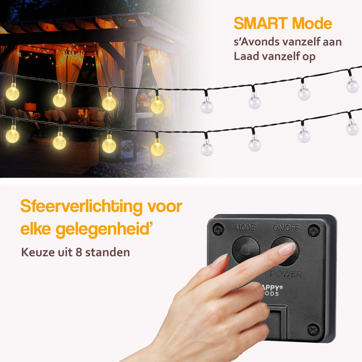 Happy Goods Solar Tuinverlichting op Zonneenergie - 100 LED 2x50 Lichtsnoer Buiten - 10 m Verlicht en 4 m Snoer - Buitenverlichting Lichtslinger - Lichtsnoeren - afbeelding 3