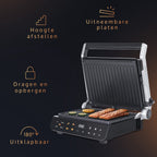 PFAS-Vrije Contactgrill met Zwevende Bovenplaat - Uitneembare platen - 180ºC Uitklapbaar - Grill apparaat 2000W - Tosti en Panini - 120ºC tot 230ºC - JAP Appliances Integrill - afbeelding 2