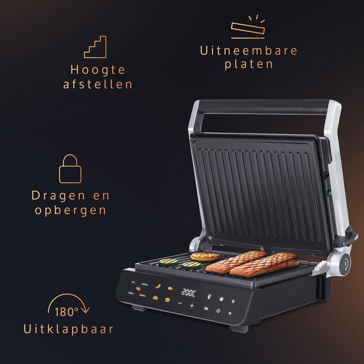 PFAS-Vrije Contactgrill met Zwevende Bovenplaat - Uitneembare platen - 180ºC Uitklapbaar - Grill apparaat 2000W - Tosti en Panini - 120ºC tot 230ºC - JAP Appliances Integrill - afbeelding 2