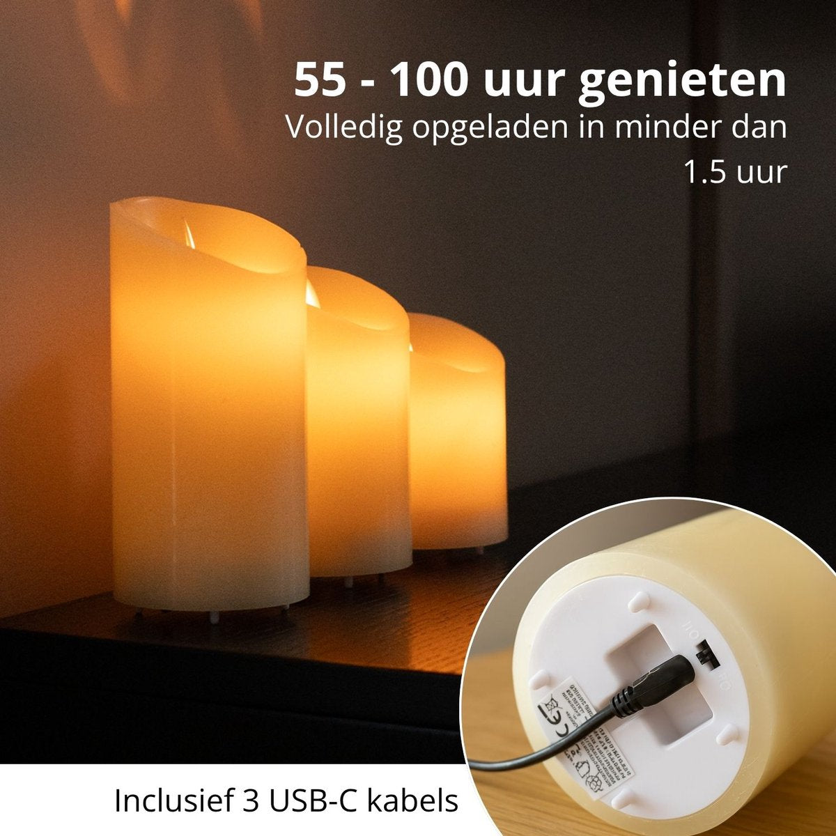 FlinQ Oplaadbare LED Kaarsen met Bewegende Vlam - 3 stuks - afbeelding 3