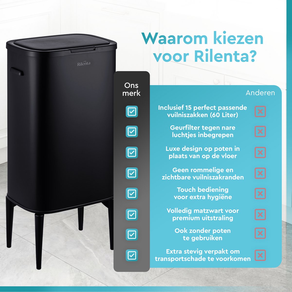 Rilenta Prullenbak op Poten - 60 L - Met Geurfilter - afbeelding 3