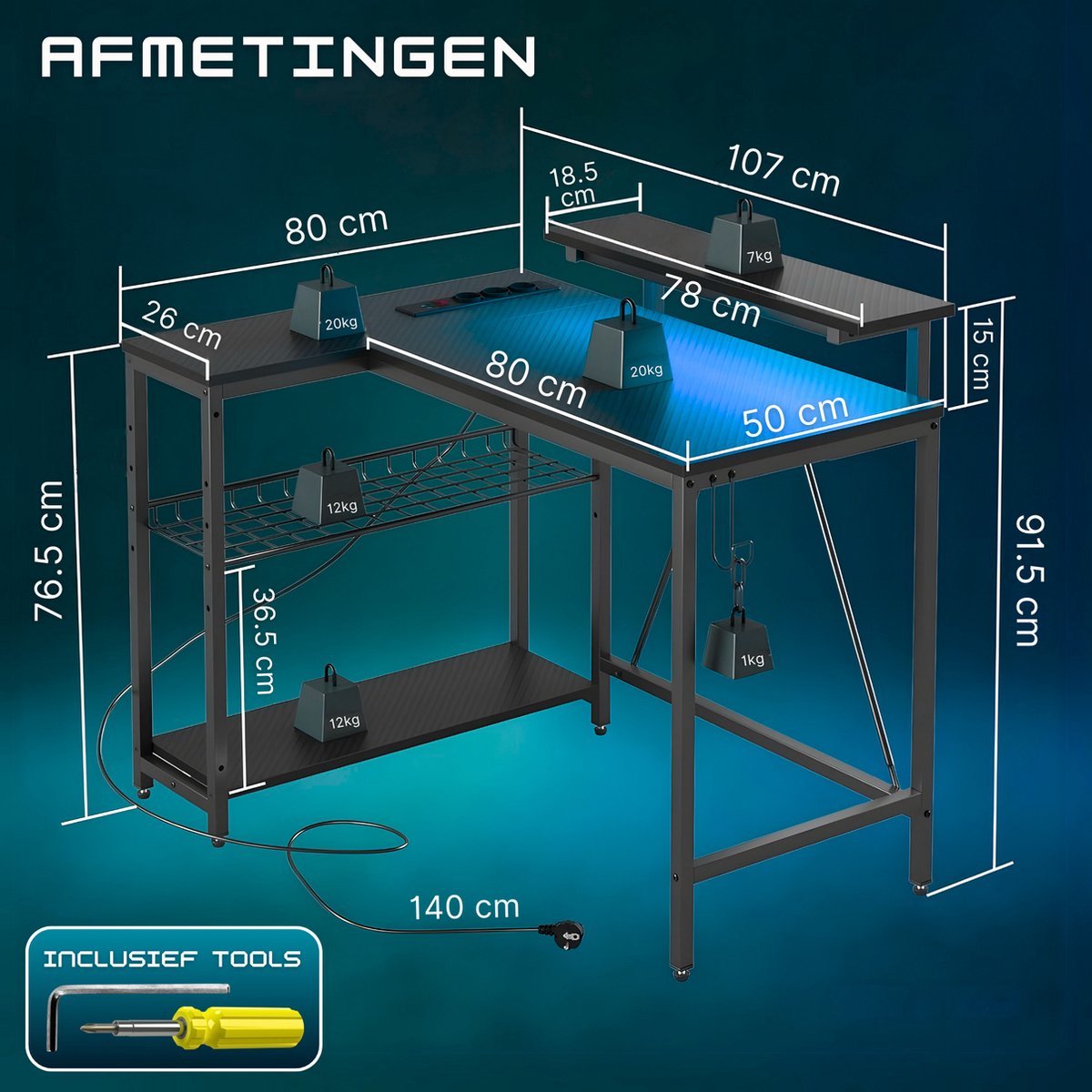 Five Stars® L-Vormig Game Bureau - 107x80x76 cm - Game Bureau met LED verlichting - Zwart Carbon - Hoekbureau - Gaming Desk - Computertafel - afbeelding 2