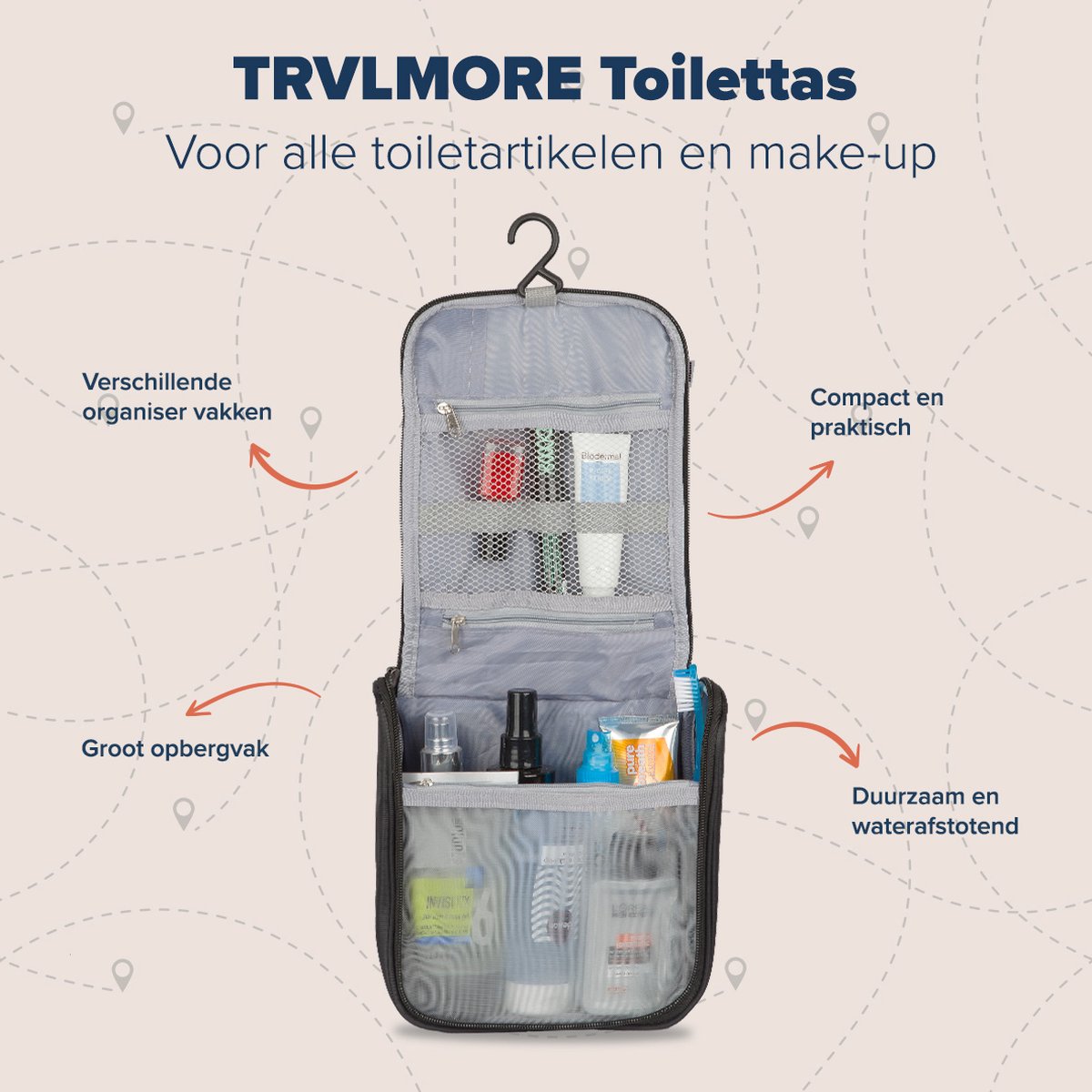 TRVLMORE Toilettas met Haak - Voor Damen en Heren - Hangend - Ophangbaar - Mannen - Vrouwen - Zwart - afbeelding 2