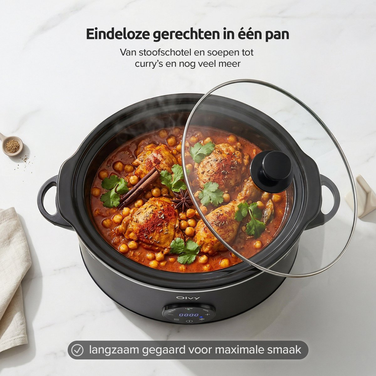 Olvy Digitale Slowcooker met Timer - Incl. Slowcooker e-kookboek - PFAS-vrij - 6 Liter - Keramische binnenpan - afbeelding 3