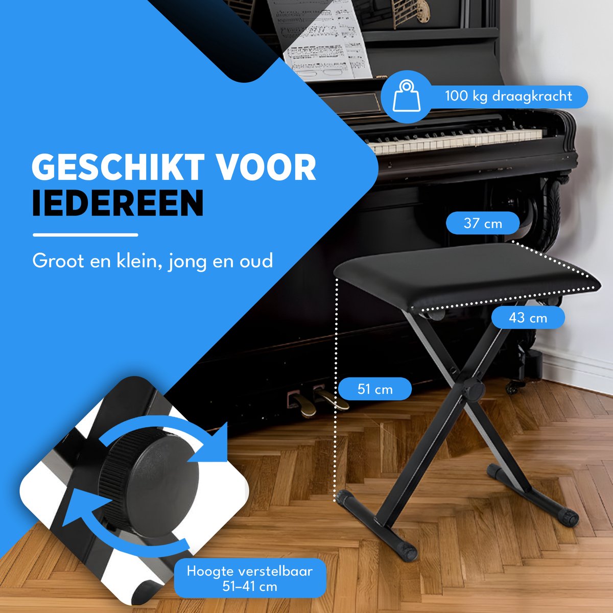Finesse Pianokruk - Inklapbaar - in Hoogte Verstelbaar - met Kussen - Pianobank - Pianostoel - Zwart - afbeelding 4