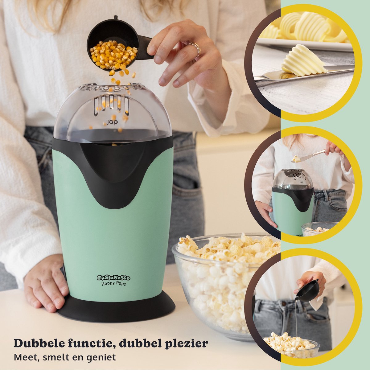 JAP Appliances Happy Pops - Retro popcorn machine (2-3 personen) 1200W - Inclusief maat- en botersmeltlepel - Klaar binnen 3 minuten - Zonder olie - Groen - afbeelding 5