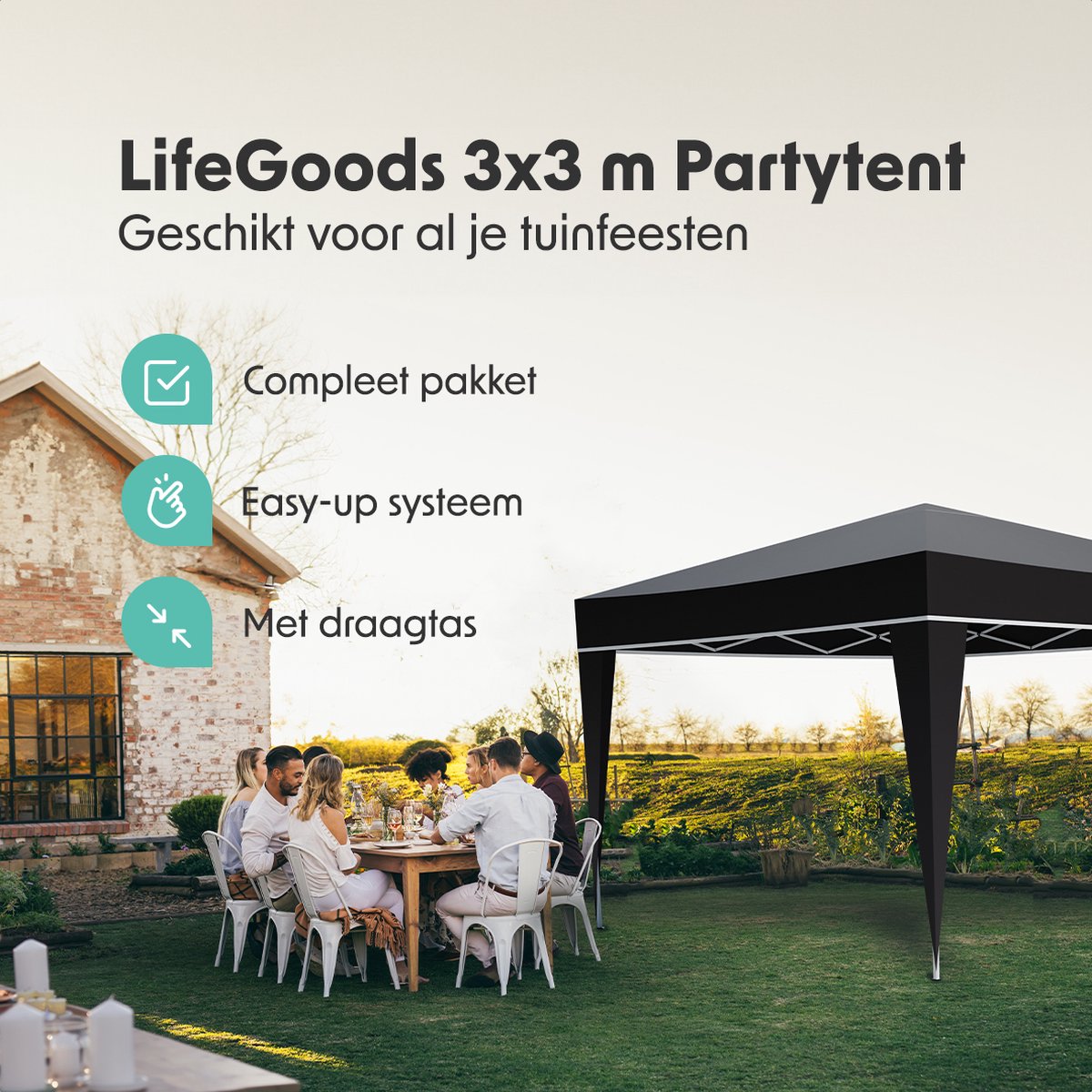 LifeGoods Partytent - Opvouwbaar - 3x3 m - Easy Up - Paviljoen - Vouwtent - Met Draagtas - Zwart - afbeelding 2