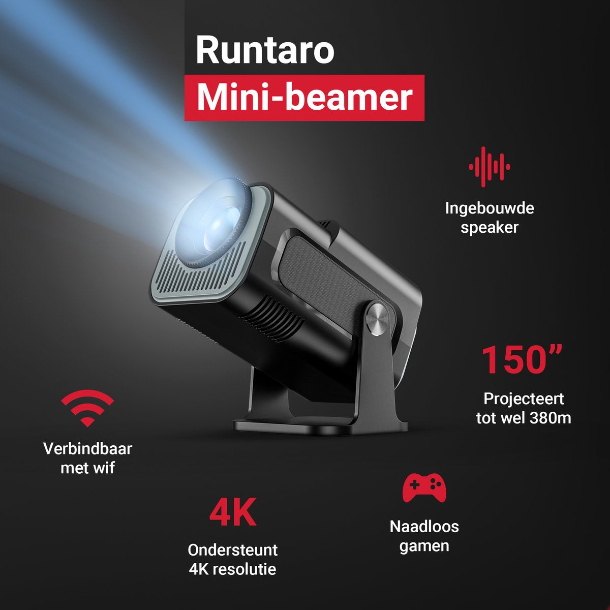 Mini Beamer - Mini Projector - 1920x1080P Full HD - 4K Ondersteuning - 430 Ansi - 12000 Lumen - Streamen Vanaf Je Telefoon / Tablet / PC / Laptop met WiFi & Bluetooth - Met Apps,YouTube / Netflix/ Prime - afbeelding 2