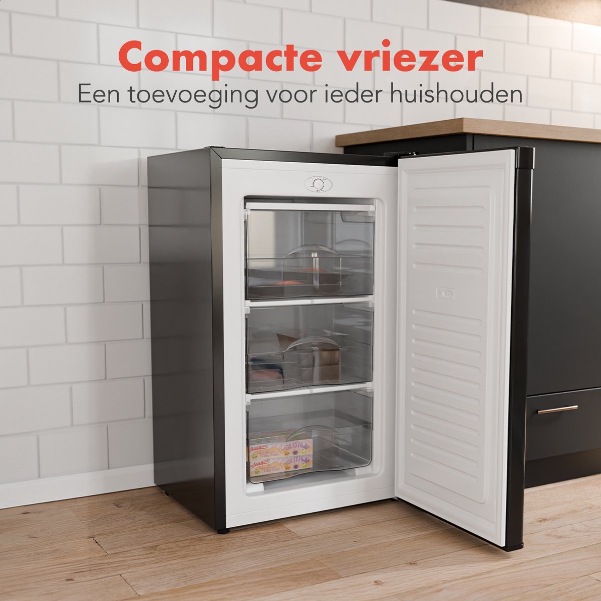 KitchenBrothers Vriezer - 64L - Diepvriezer - Compact Tafelmodel - 3 Vrieslades - Diepvrieskast - Vrijstaand - Zwart - afbeelding 3