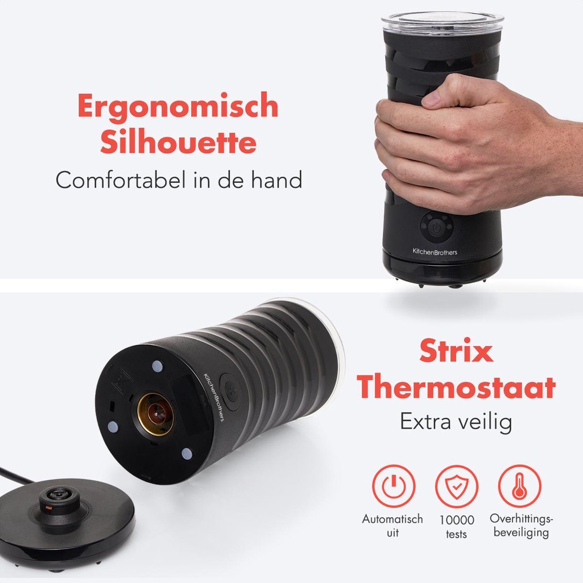KitchenBrothers Elektrische Melkopschuimer - 4-in-1 - Melkklopper - BPA- & PFAS-Vrij - 240 ML - Handige Melkschuimer - Zwart - afbeelding 5