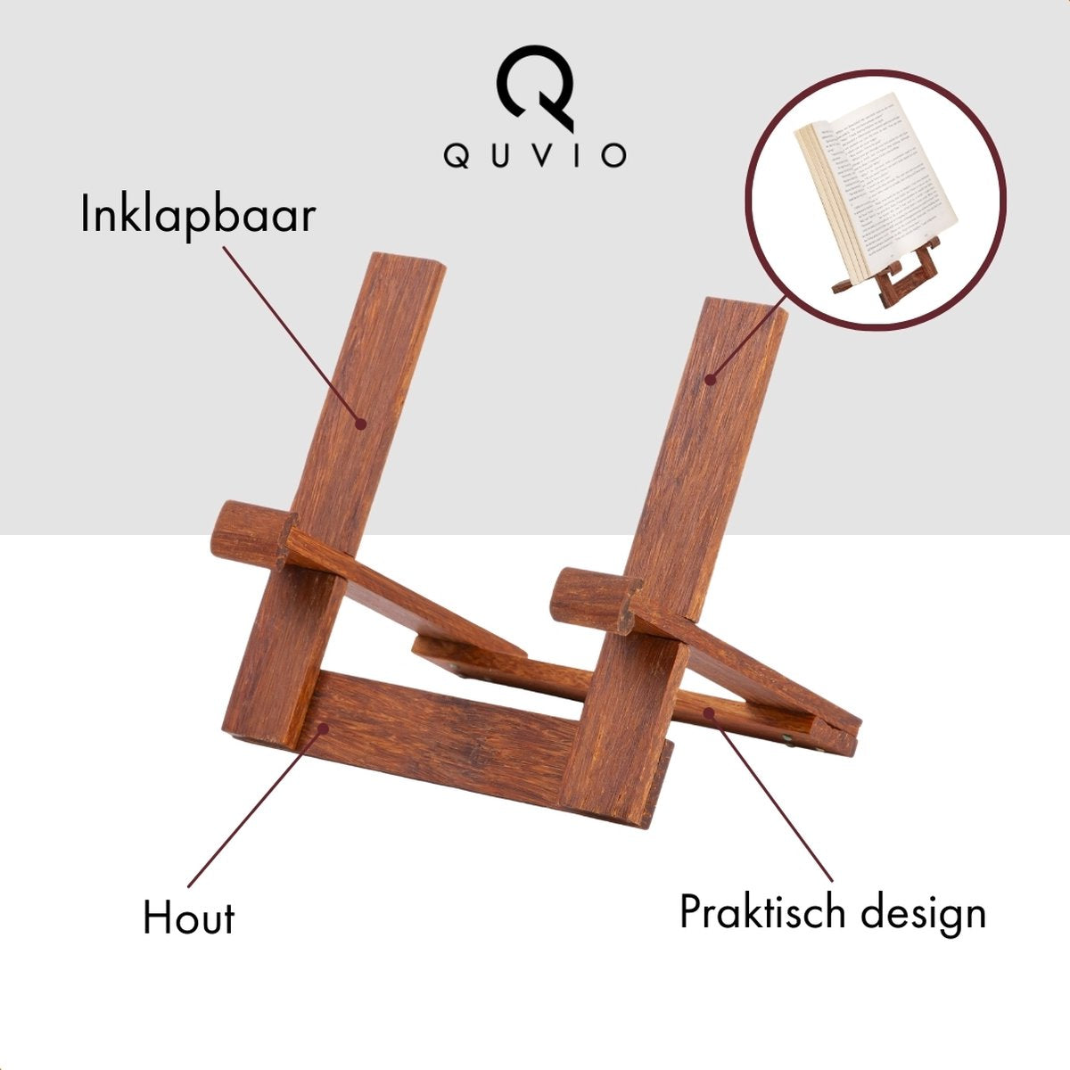 QUVIO Klein Boekenstandaard - Boekenhouder - Kookboek standaard - Leesstandaard - Book holder - Kookboekstandaard - Boekhouder - Tablet houder - Hout - Donkerbruin - Klein - Geschikt voor boeken tot A5 formaat of tablet - afbeelding 3