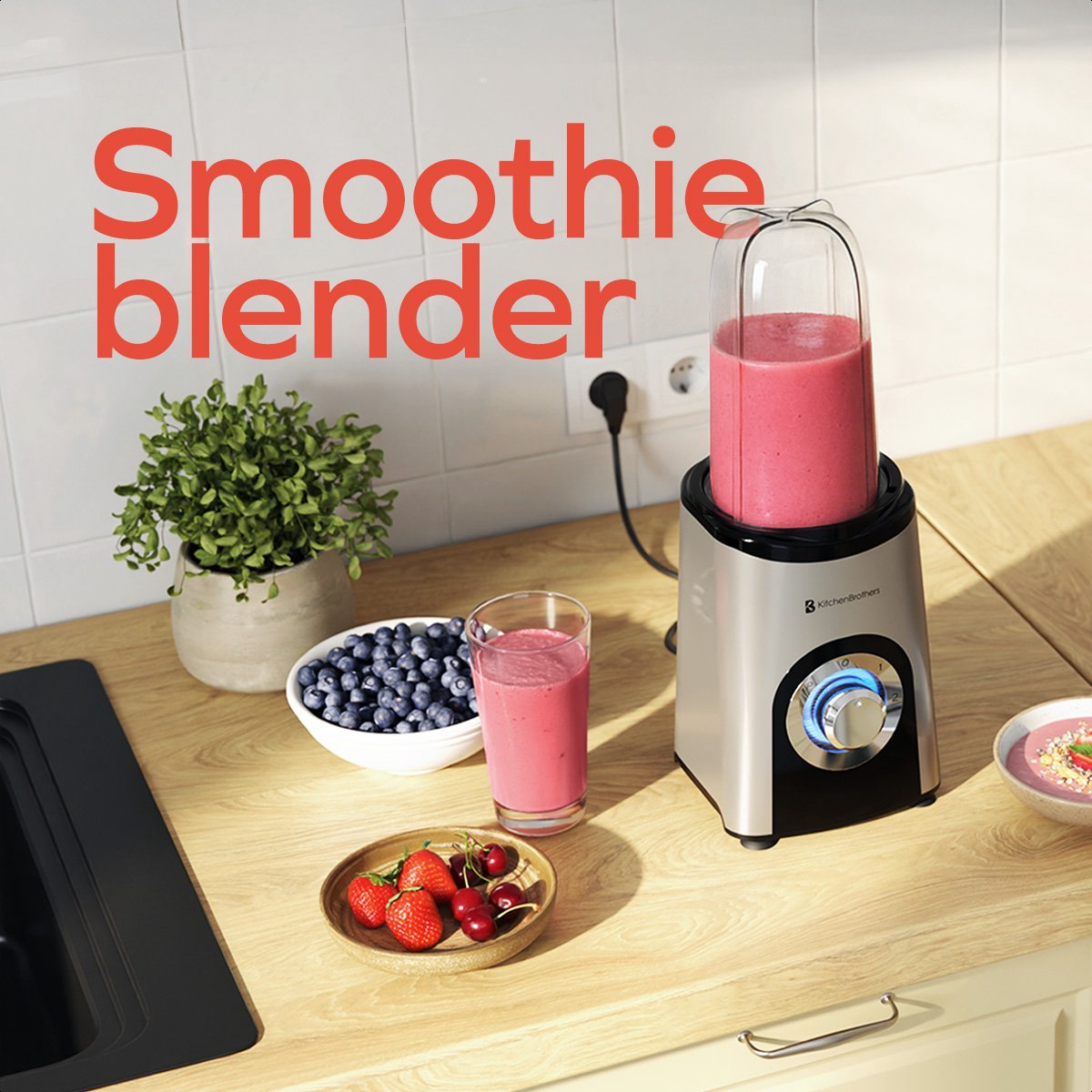KitchenBrothers Smoothie Blender - 2-in-1 - Blender to Go - 4 Bekers - Smoothie Maker To Go - Mini Blender - Zilver - afbeelding 2