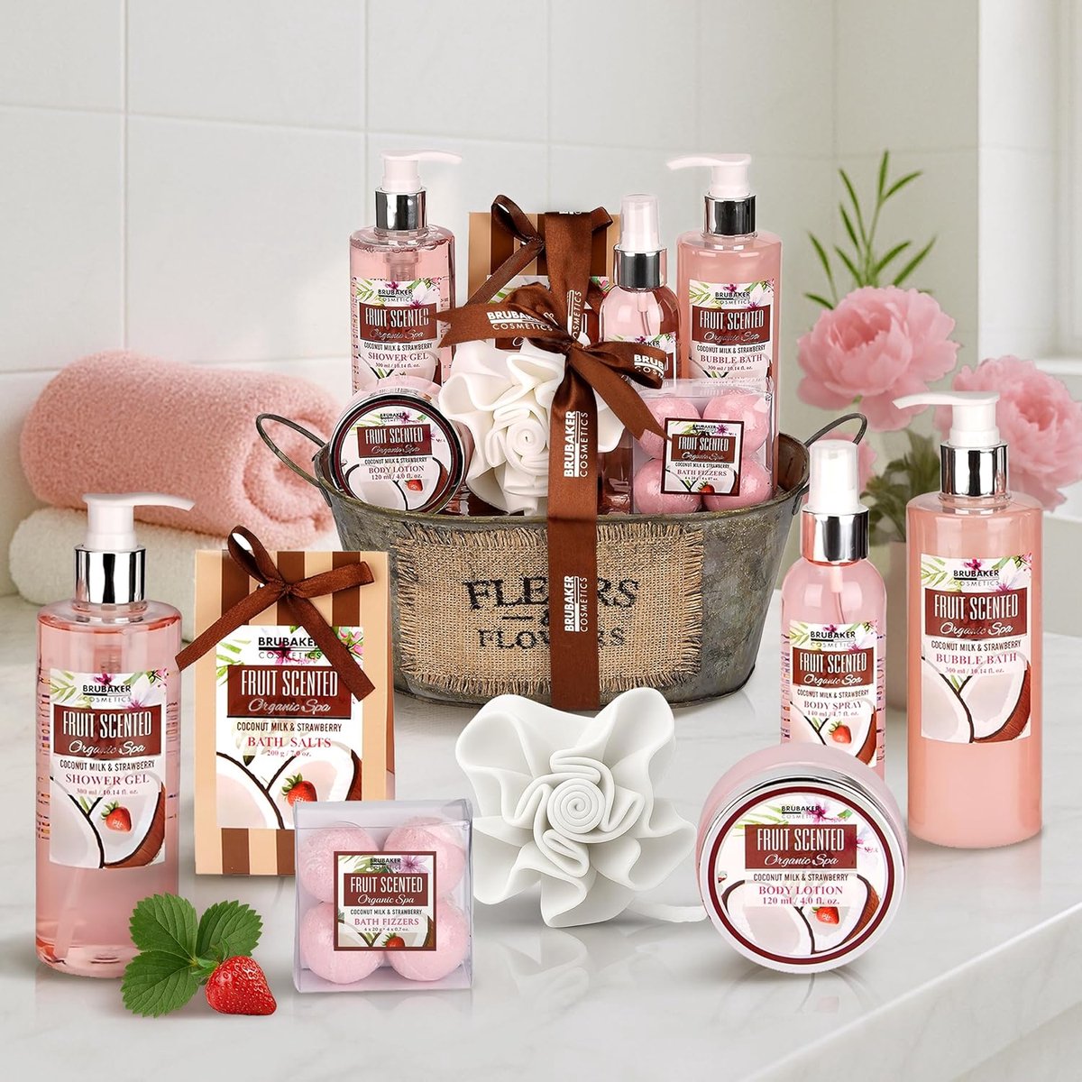 BRUBAKER Cosmetics Bad- en Doucheset, Kokosnoot & Aardbeigeur - Cadeautip Vrouw - Cadeau Idee - 11-delige Cadeauset in Vintage Plantenbak - Cadeau - Bodylotion - douchegel - Moederdag Cadeautje - afbeelding 5