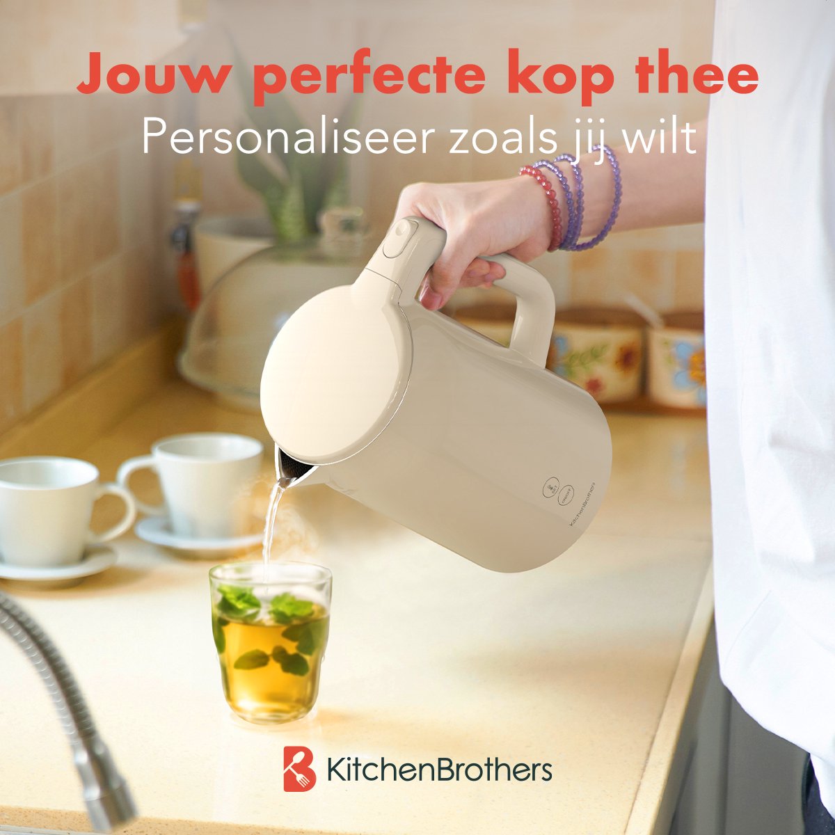 KitchenBrothers Waterkoker - 1.7L - Met Temperatuurregeling - PFAS- & BPA-vrij - Warmhoudfunctie - Display - Dubbelwandig - 2200W - Beige - afbeelding 2