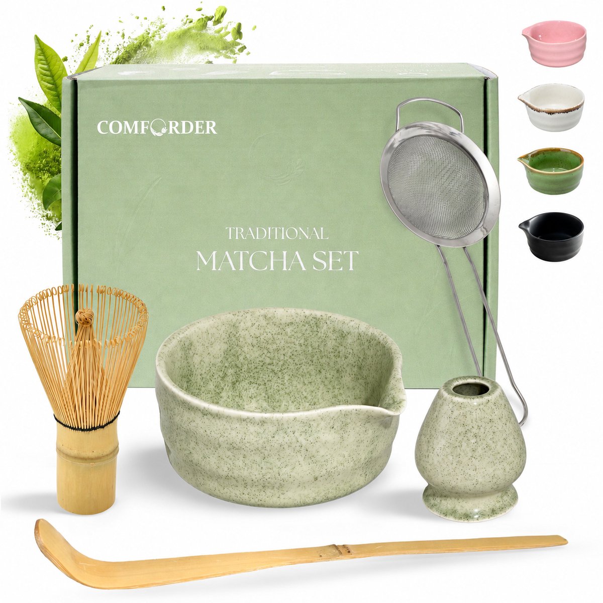 Comforder Matcha Set - 5 Delige Starterkit met Whisk Klopper en Kom - Thee Set Groen - afbeelding 1